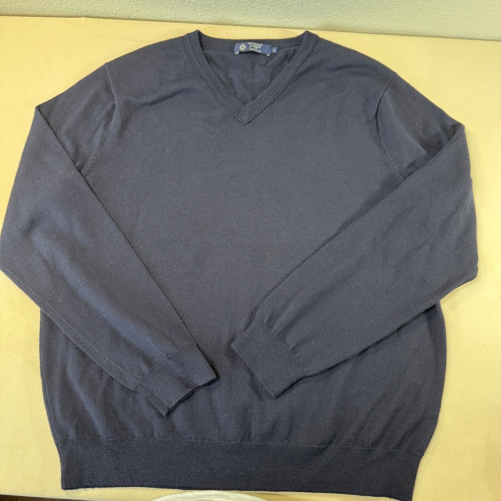 J.Crew Mens Size XL Navy Blue 100% Merino Wool V-Neck Sweater Classic Preppy GUC